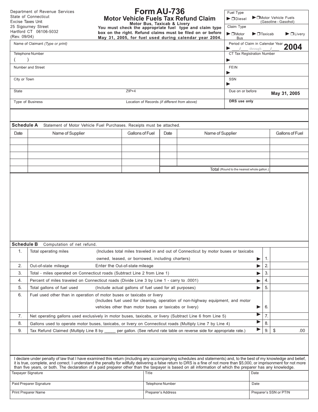 AU-736, Motor Vehicle Fuels Refund Claim, Motor Bus, Taxicab and Livery