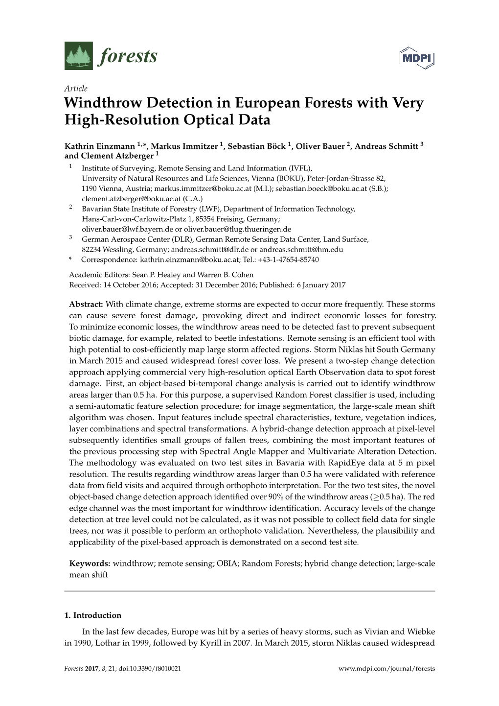 Windthrow Detection in European Forests with Very High-Resolution Optical Data