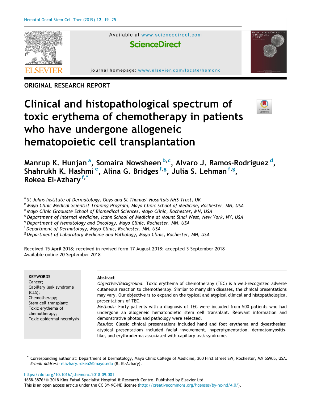 Clinical and Histopathological Spectrum of Toxic Erythema of Chemotherapy in Patients Who Have Undergone Allogeneic Hematopoietic Cell Transplantation