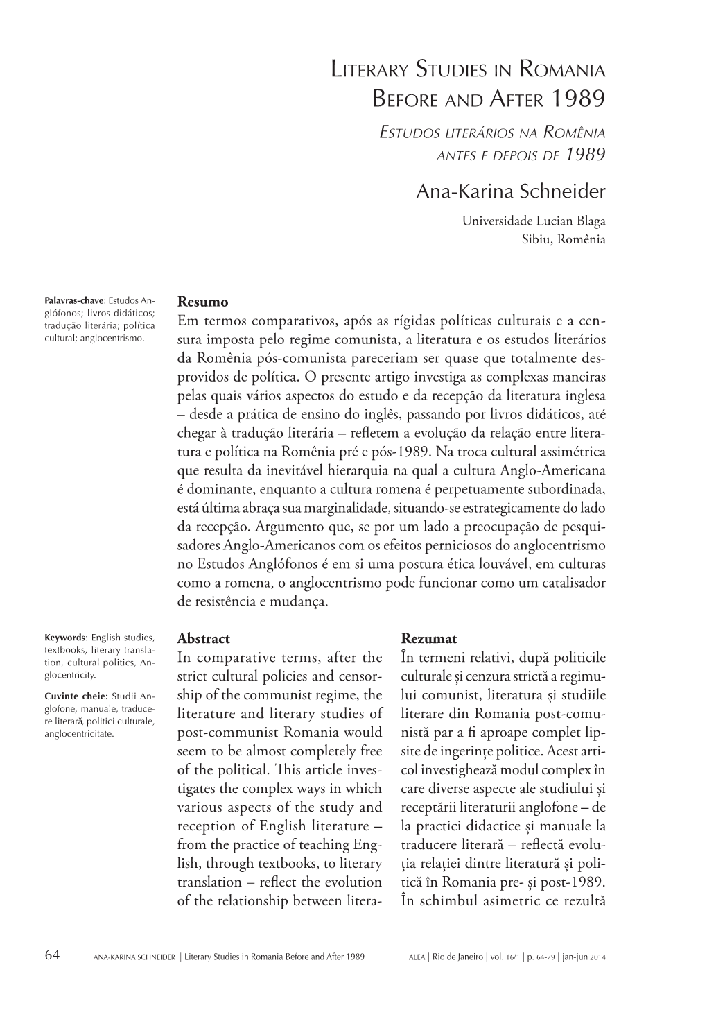 Literary Studies in Romania Before and After 1989