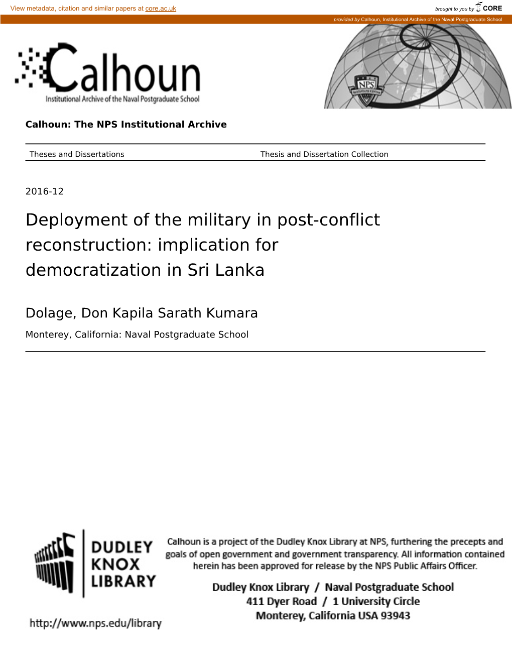 Deployment of the Military in Post-Conflict Reconstruction: Implication for Democratization in Sri Lanka