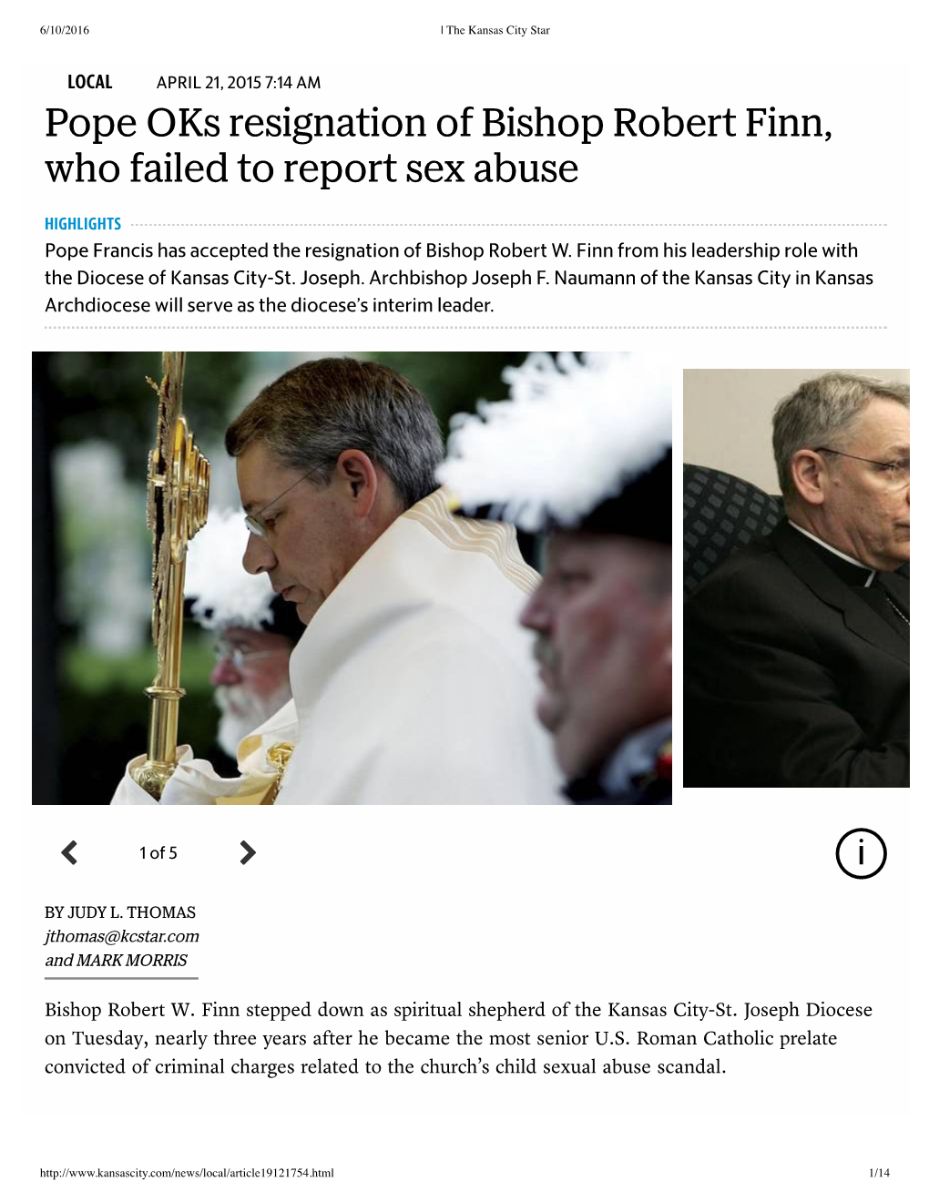 Pope Oks Resignation of Bishop Robert Finn, Who Failed to Report Sex Abuse