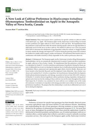 A New Look at Cultivar Preference in Hoplocampa Testudinea (Hymenoptera: Tenthredinidae) on Apple in the Annapolis Valley of Nova Scotia, Canada