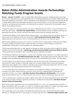 Baker-Polito Administration Awards Partnerships Matching Funds Program Grants