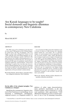 Are Kanak Languages to Be Taught? Social Demands and Linguistic Dilemmas in Contemporary New Caledonia By