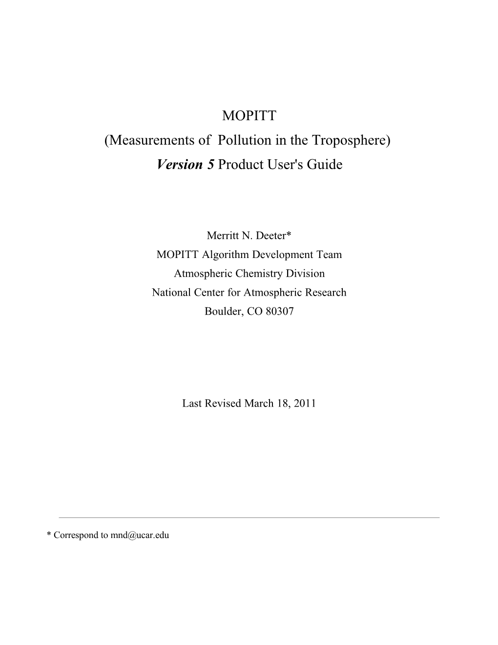 MOPITT (Measurements of Pollution in the Troposphere) Version 5 Product User's Guide