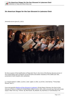 Six American Stages for the San Giovanni in Laterano Choir Published on Iitaly.Org (
