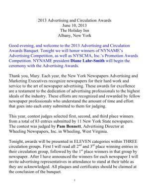 2013 Advertising and Circulation Awards June 10, 2013 the Holiday Inn Albany, New York