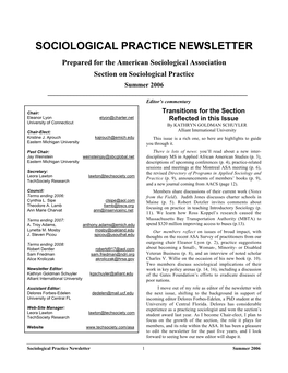 SOCIOLOGICAL PRACTICE NEWSLETTER Prepared for the American Sociological Association Section on Sociological Practice Summer 2006 ______Editor’S Commentary