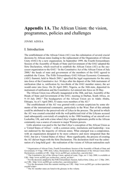 Appendix 1A. the African Union: the Vision, Programmes, Policies and Challenges