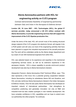Alenia Aeronautica Partners with HCL for Engineering Activity on C-27J
