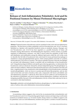 Release of Anti-Inflammatory Palmitoleic Acid and Its Positional