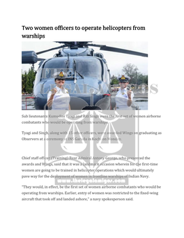 Two Women Officers to Operate Helicopters from Warships
