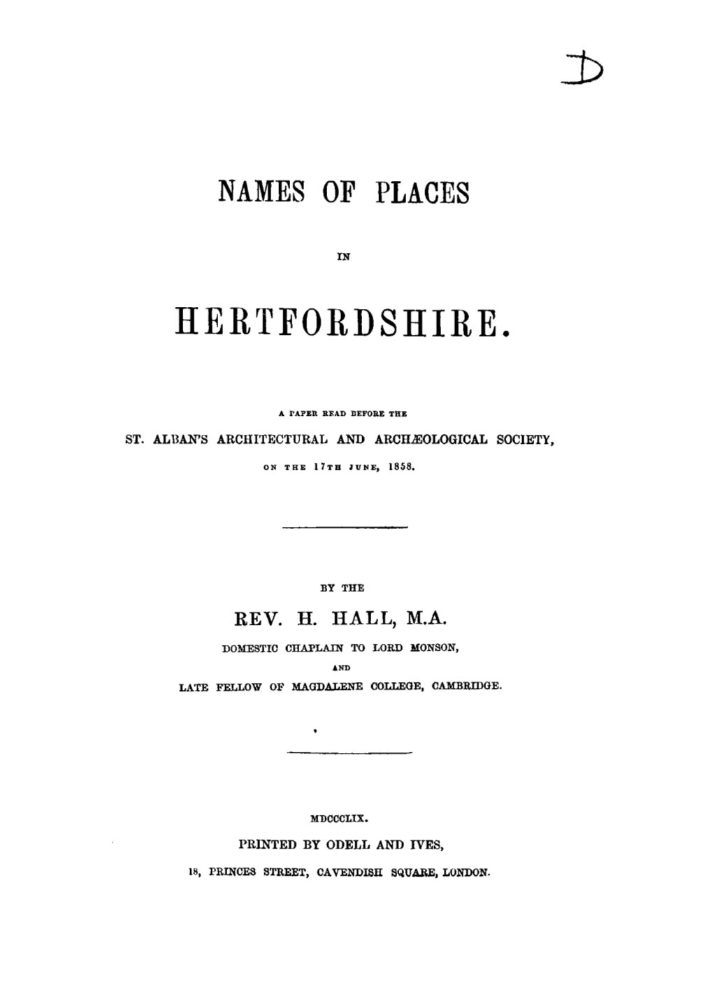 Names of Places in Hertfordshire