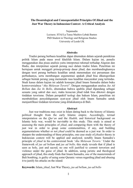 The Deontological and Consequentialist Principles of Jihad and the Just War Theory in Indonesian Context: a Critical Analysis