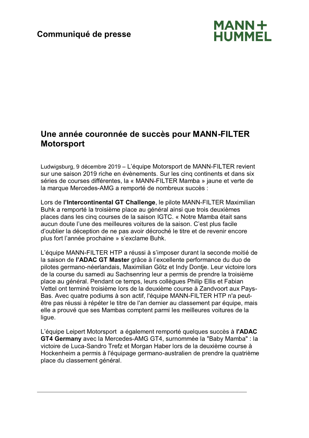 Communiqué De Presse Une Année Couronnée De Succès Pour MANN-FILTER Motorsport