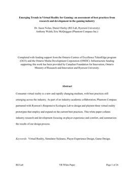 Emerging Trends in Virtual Reality for Gaming: an Assessment of Best Practices from Research and Development in the Gaming Industry