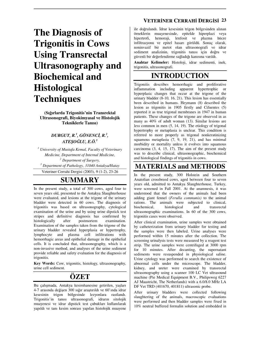 The Diagnosis of Trigonitis in Cows Using Transrectal Ultrasonography