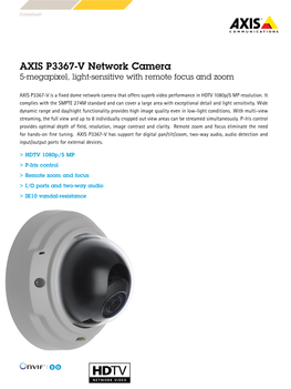 AXIS P3367-V Network Camera 5-Megapixel, Light-Sensitive with Remote Focus and Zoom