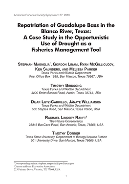 Repatriation of Guadalupe Bass in the Blanco River, Texas: a Case Study in the Opportunistic Use of Drought As a Fisheries Management Tool