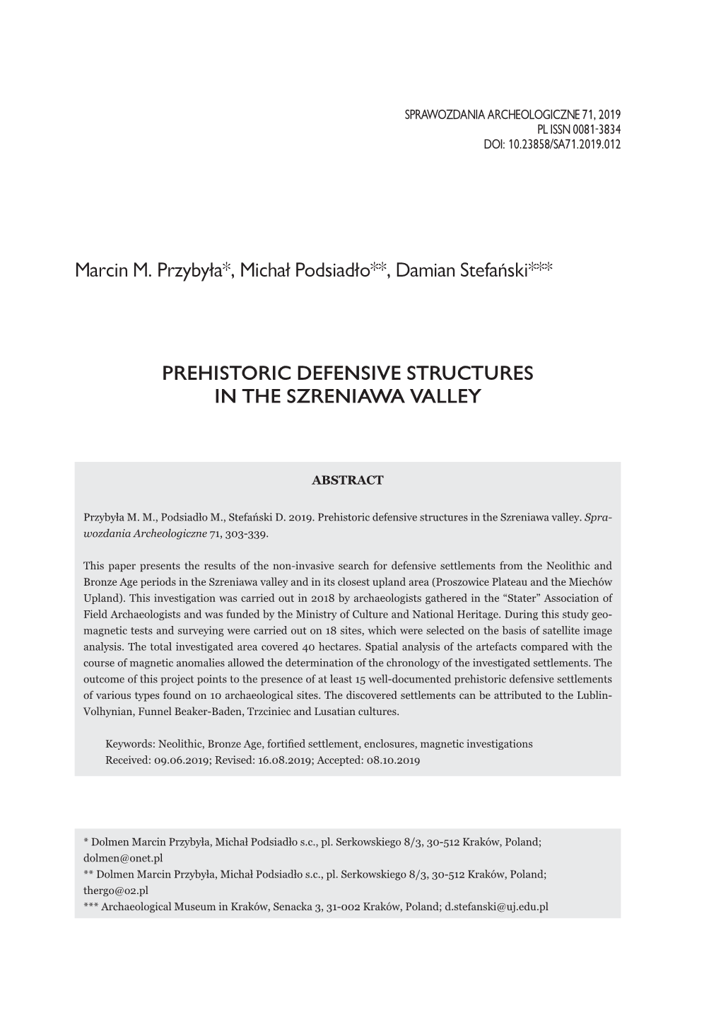 Prehistoric Defensive Structures in the Szreniawa Valley