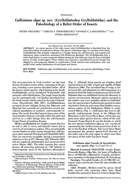 (Grylloblattodea: Grylloblattidae) and the Paleobiology of a Relict Order of Insects