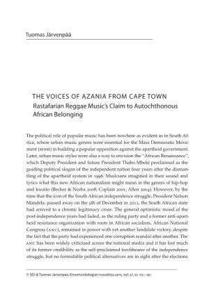 THE VOICES of AZANIA from CAPE TOWN Rastafarian Reggae Music’S Claim to Autochthonous African Belonging