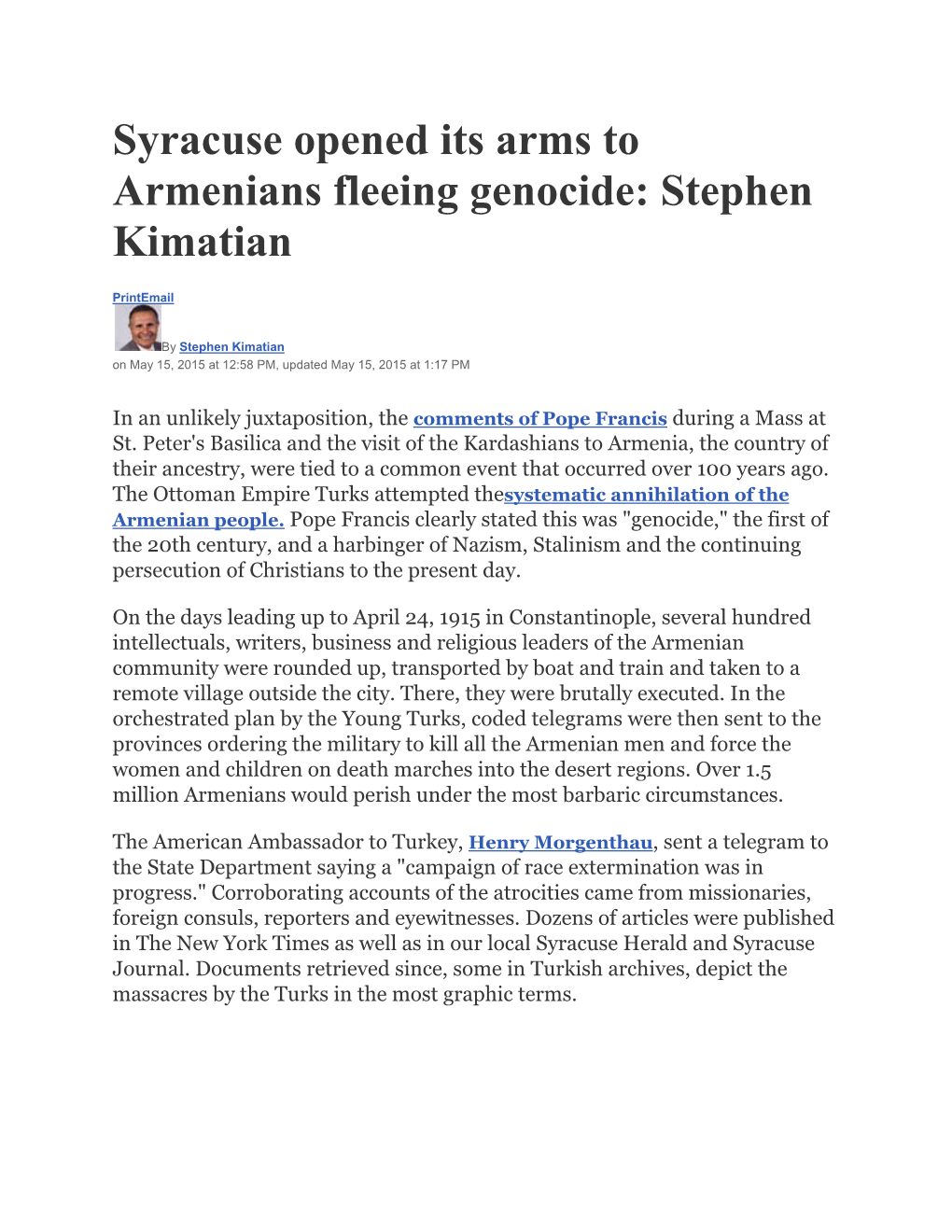 Syracuse Opened Its Arms to Armenians Fleeing Genocide: Stephen Kimatian