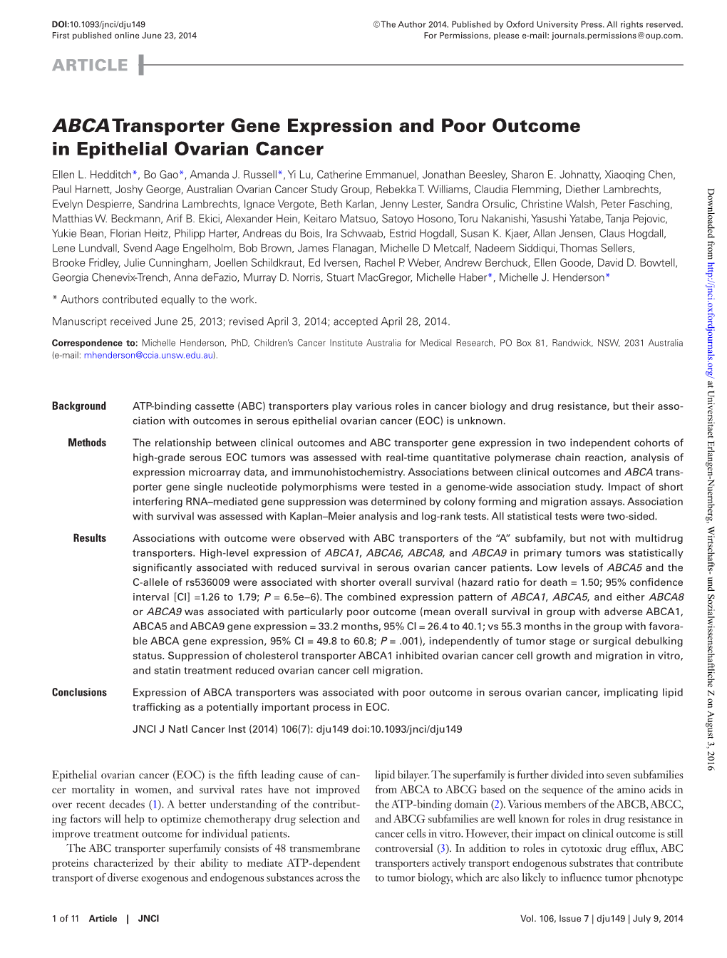 Abcatransporter Gene Expression and Poor Outcome in Epithelial Ovarian Cancer