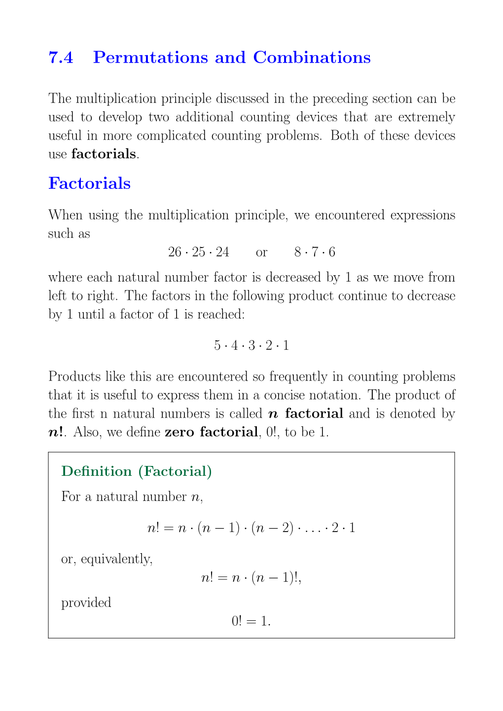 7.4 Permutations and Combinations Factorials