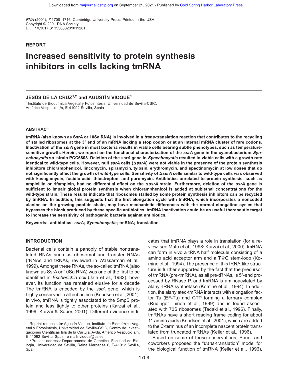 Increased Sensitivity to Protein Synthesis Inhibitors in Cells Lacking Tmrna