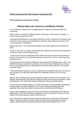Bishop Libby Lane Named As Next Bishop of Derby the Next Bishop of Derby Will Be the Right Reverend Libby Lane, Downing Street Has Announced