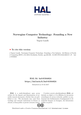 Norwegian Computer Technology: Founding a New Industry Yngvar Lundh