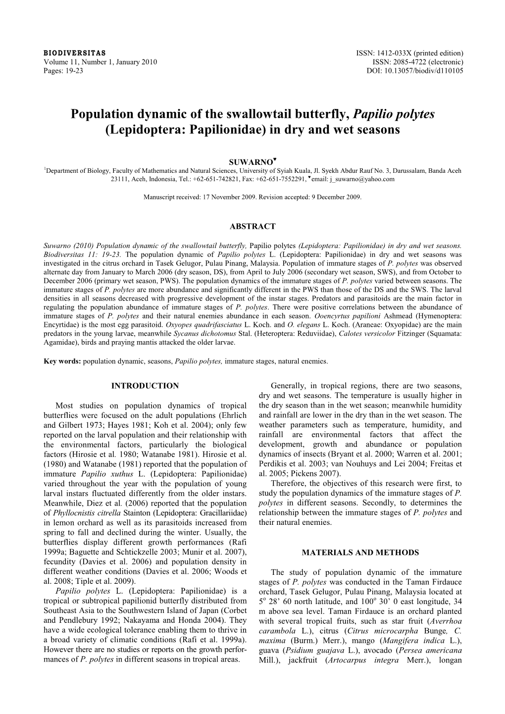 Population Dynamic Of The Swallowtail Butterfly Papilio Polytes Lepidoptera Papilionidae In