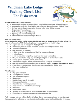 Wildman Lake Lodge Packing Check List for Fishermen