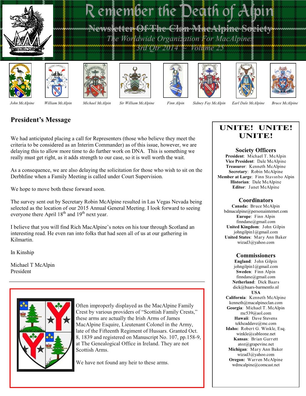 Newsletter of the Clan Macalpine Society the Worldwide Organization for Macalpines 3Rd Qtr 2014 ~ Volume 25