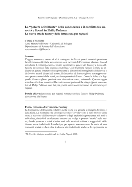 Della Conoscenza E Il Conflitto Tra Au- Torità E Libertà in Philip Pullman Le Nuove Strade Fantasy Della Letteratura Per Ragazzi