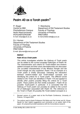 Psalm 40 As a Torah Psalm1
