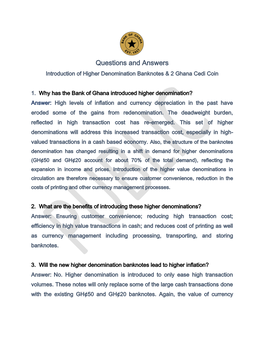 Questions and Answers Introduction of Higher Denomination Banknotes & 2 Ghana Cedi Coin