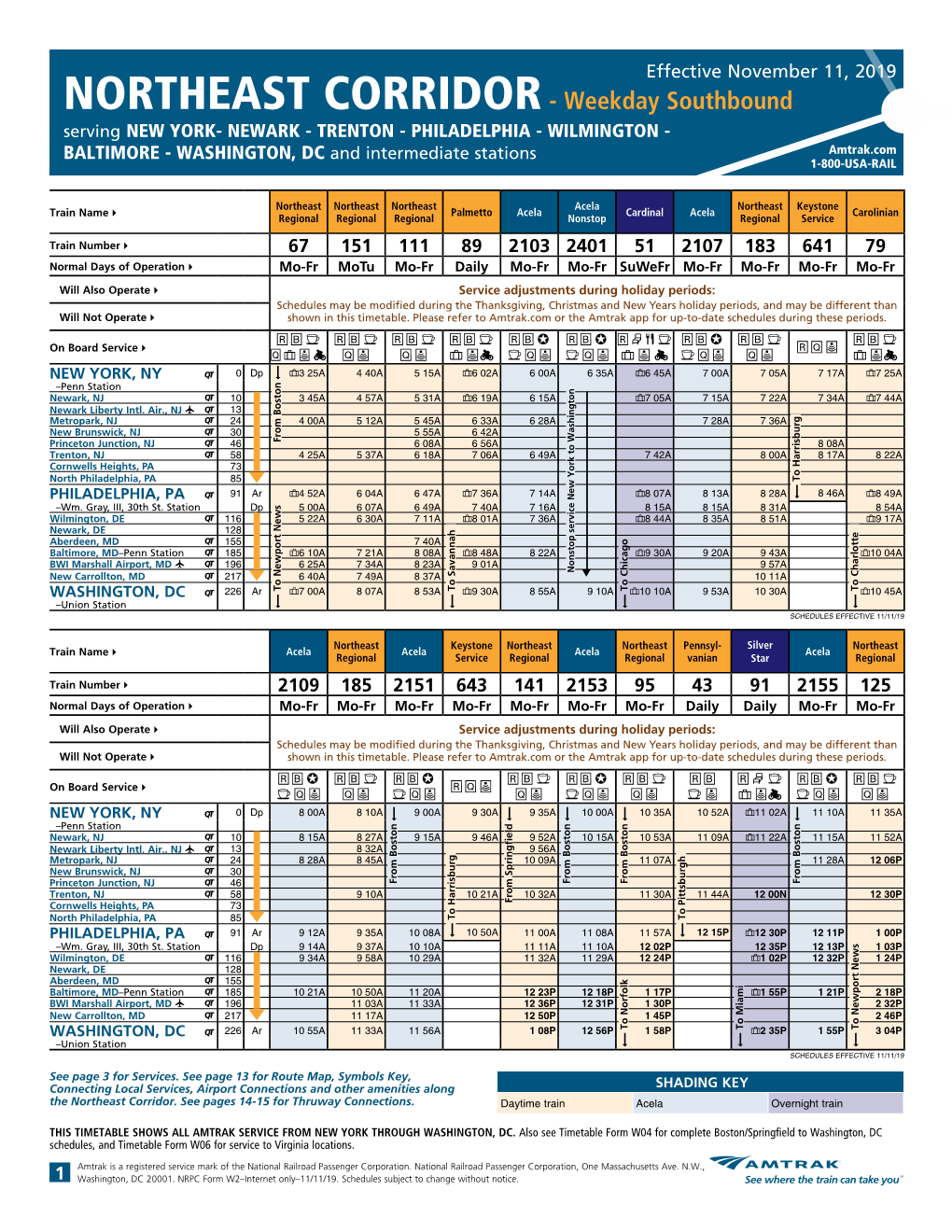 NORTHEAST CORRIDOR- Weekday Southbound