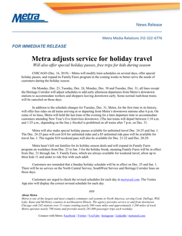 Metra Adjusts Service for Holiday Travel Will Also Offer Special Holiday Passes, Free Trips for Kids During Season