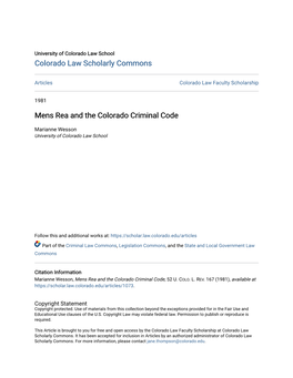 Mens Rea and the Colorado Criminal Code
