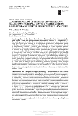 Palaeacanthocephala, Centrorhynchydae) from Birds of Ukraine with the Description of a New Species