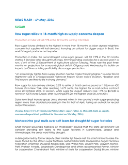 NEWS FLASH – 6Th May, 2016 SUGAR Raw Sugar Rallies to 18