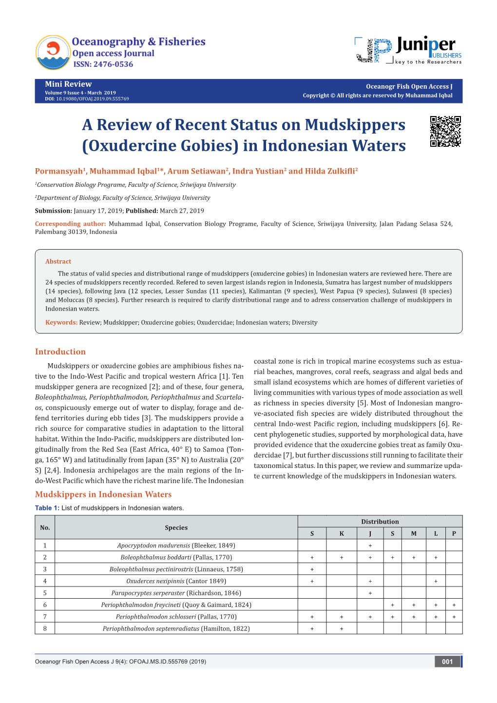 A Review of Recent Status on Mudskippers (Oxudercine Gobies) in Indonesian Waters