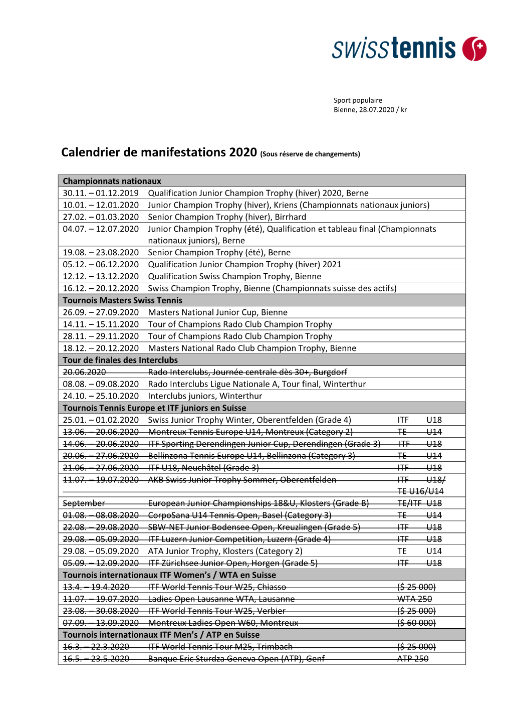 Calendrier De Manifestations 2020 (Sous Réserve De Changements)