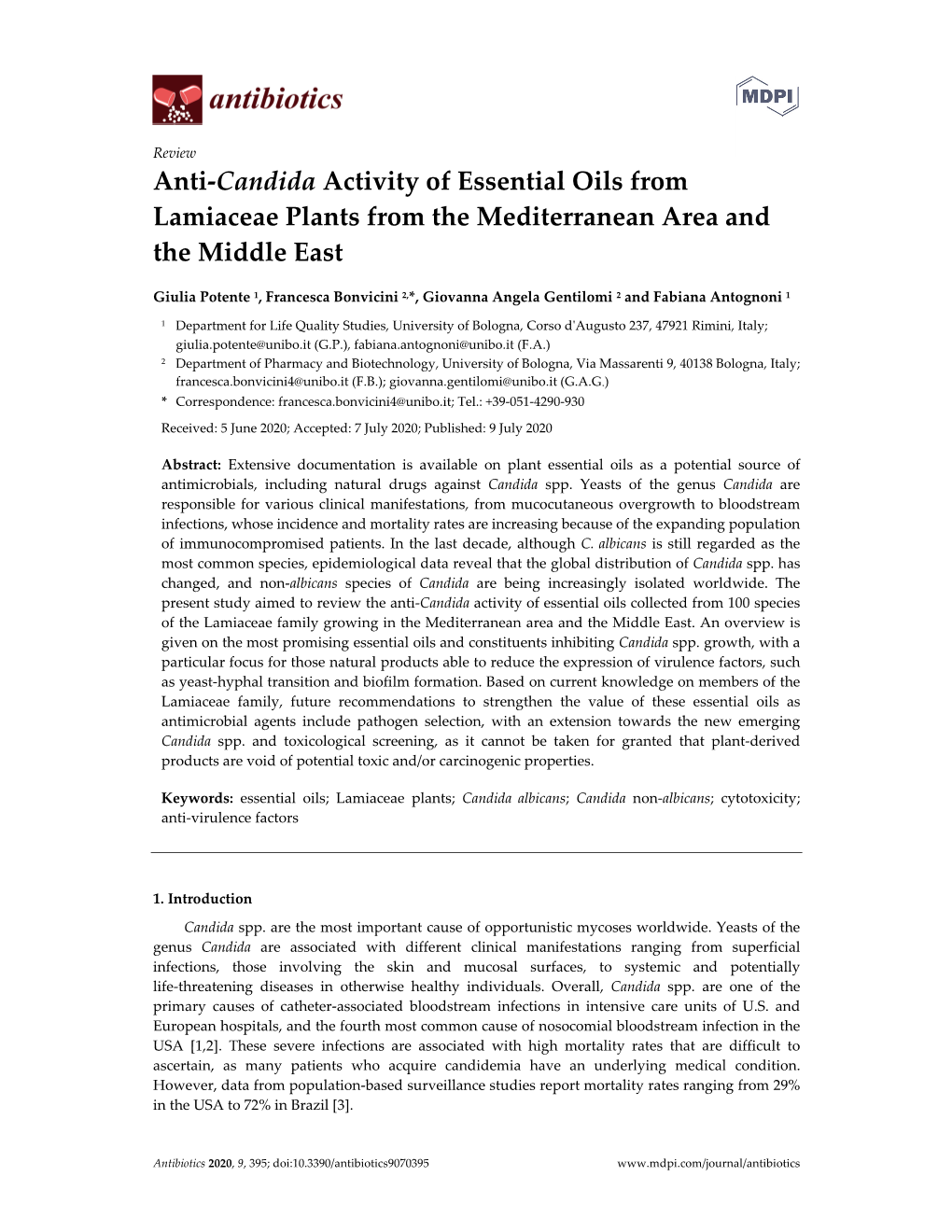 Anti‐Candida Activity of Essential Oils from Lamiaceae Plants from the Mediterranean Area and the Middle East