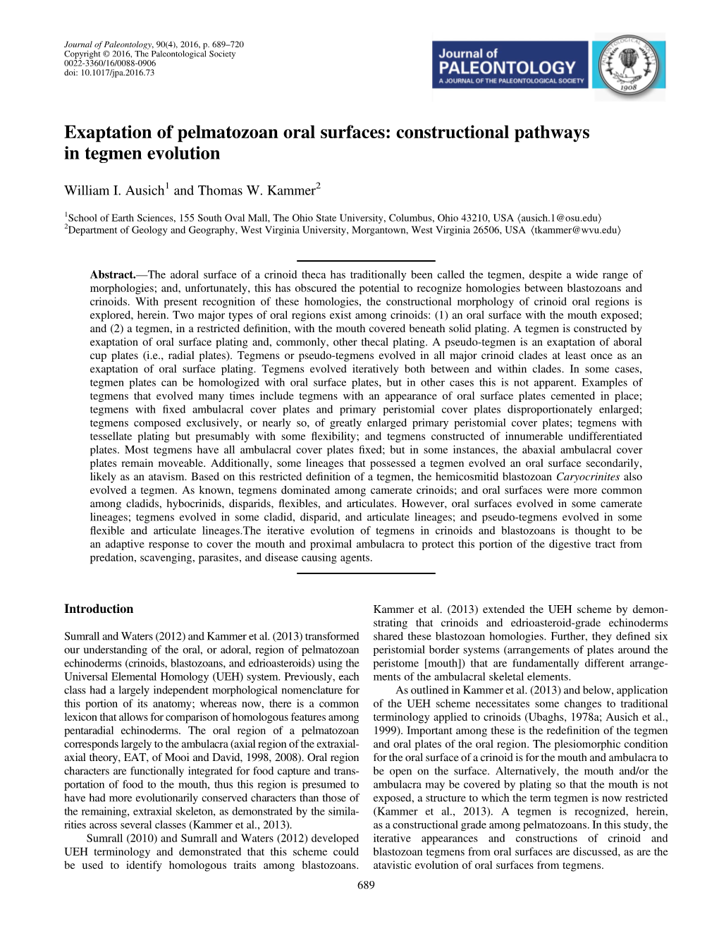 Exaptation of Pelmatozoan Oral Surfaces: Constructional Pathways in Tegmen Evolution