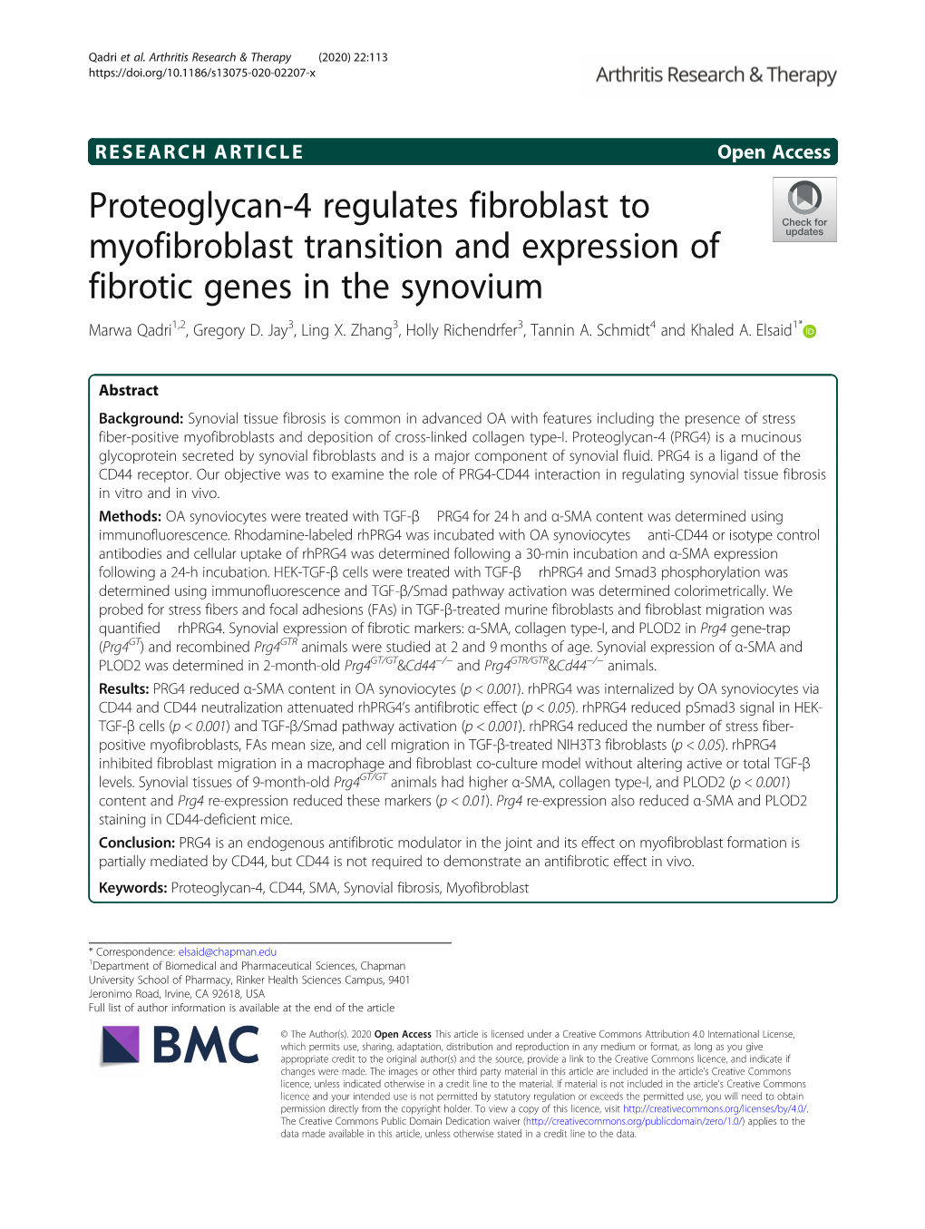 Proteoglycan-4 Regulates Fibroblast to Myofibroblast Transition and Expression of Fibrotic Genes in the Synovium Marwa Qadri1,2, Gregory D
