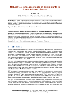 Natural Tolerance/Resistance of Citrus Plants to Citrus Tristeza Disease